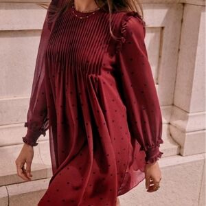Sezane Eve Dress Plum With Navy Dots Size 34 NWT Mini Length Long Sleeve